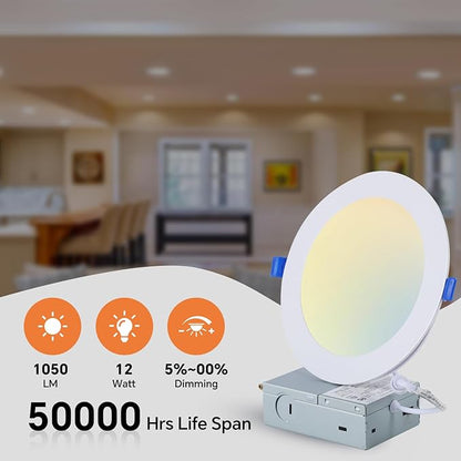 Simple Deluxe 12 Pack 6 Inch Ultra-Thin Recessed Ceiling Light with Junction Box,2700K-5000K 5CCT,1050LM 12W Eqv 110W Brightness Dimmable Canless Wafer Downlight ETL&FCC