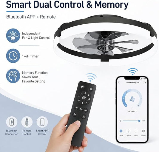 19" Low Profile Ceiling Fan with Lights and Remote, Modern Black Flush Mount Bladeless Ceiling Fan, App Control Smart Fandelier, 6 Speeds Reversible Motor, Dimmable LED Fan Light for Bedroom, Kitchen