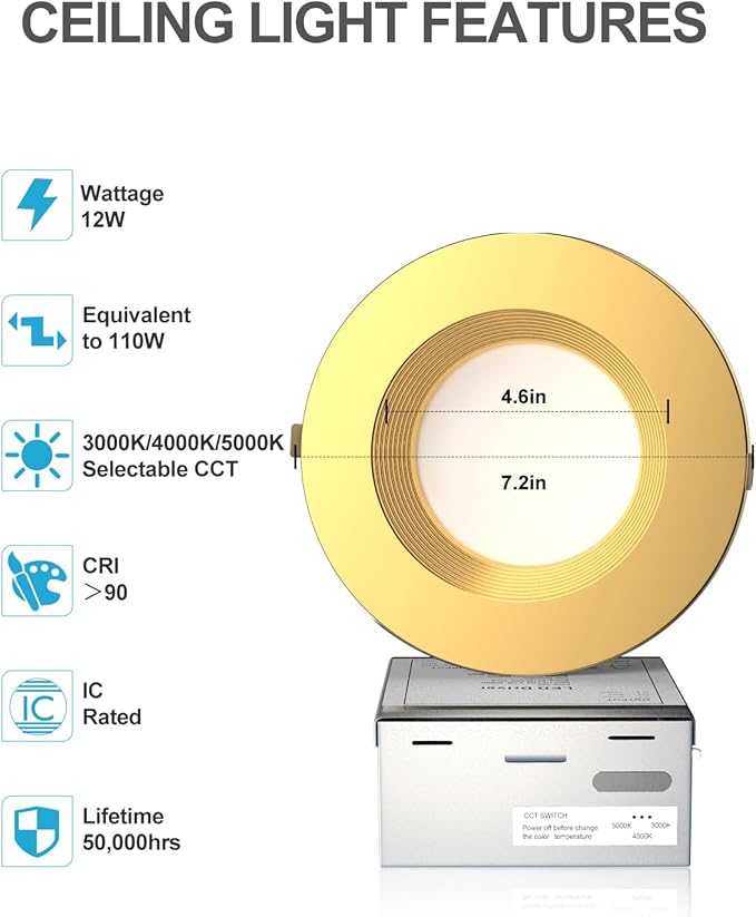 Lightdot 6 Inch Recessed Lighting 6 Pack Gold, 12W Dimmable LED Downlight 3CCT Selectable (3000K/4000K/5000K), Anti-Glare Slim Canless Ceiling Light