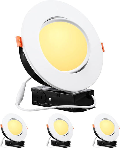 TORCHSTAR 6 Inch Gimbal LED Recessed Lighting with Junction Box, 13.5W IC Rated Air Tight Directional Swivel Downlight, CRI90+ Dimmable Canless LED Recessed Light, 2700K, ETL, Pack of 4