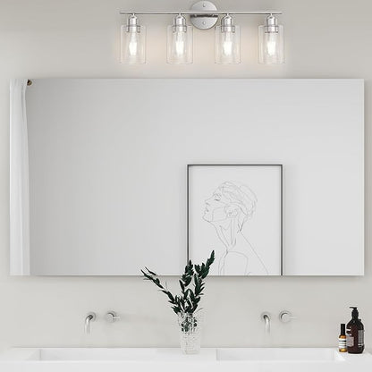 Bathroom Vanity Light Fixtures Brushed Nickel,4 Lights Rustic Farmhouse Vanity Bar Lighting Over Mirror Modern Industrial Wall Sconces Lamp with Cylinder Glass Shade