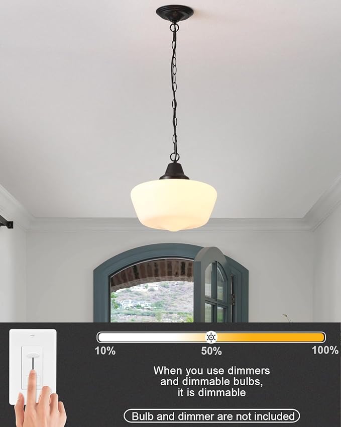 Schoolhouse Pendant Fixture, 12 Inch Black Finish with Milk Glass Adjustable Mid Century Ceiling Pendant Lighting, Pendant Light Fixtures for Kitchen Hallway Entrywa Dining Room