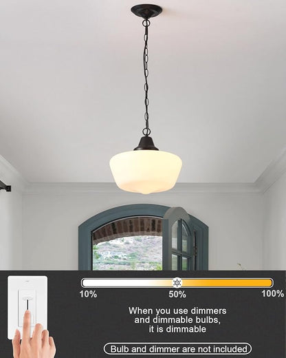 Schoolhouse Pendant Fixture, 12 Inch Black Finish with Milk Glass Adjustable Mid Century Ceiling Pendant Lighting, Pendant Light Fixtures for Kitchen Hallway Entrywa Dining Room
