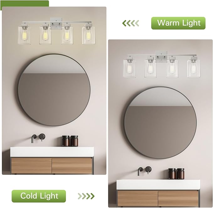 4 Light Bathroom Vanity Light - Brush Nickel Matte Vanity Lights Square Design & UL Certification & Square 26” Silver Bathroom Lights Fixture Over Mirror, Brush Nickel Light for Bedroom