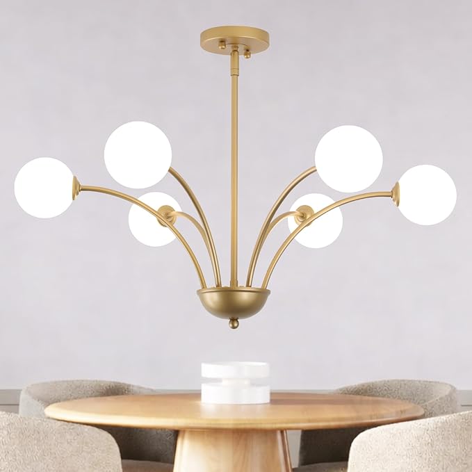 29.7” Modern Gold Chandelier 6-Lights Modern Vintage Golden Chandelier Light Fixture Rustic Farmhouse Glass Chandeliers for Dining Room, Kitchen Island, Bedroom, Living Room, Foyer, G9