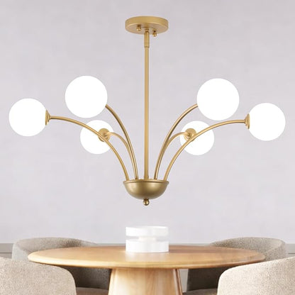 29.7” Modern Gold Chandelier 6-Lights Modern Vintage Golden Chandelier Light Fixture Rustic Farmhouse Glass Chandeliers for Dining Room, Kitchen Island, Bedroom, Living Room, Foyer, G9