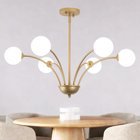 29.7” Modern Gold Chandelier 6-Lights Modern Vintage Golden Chandelier Light Fixture Rustic Farmhouse Glass Chandeliers for Dining Room, Kitchen Island, Bedroom, Living Room, Foyer, G9
