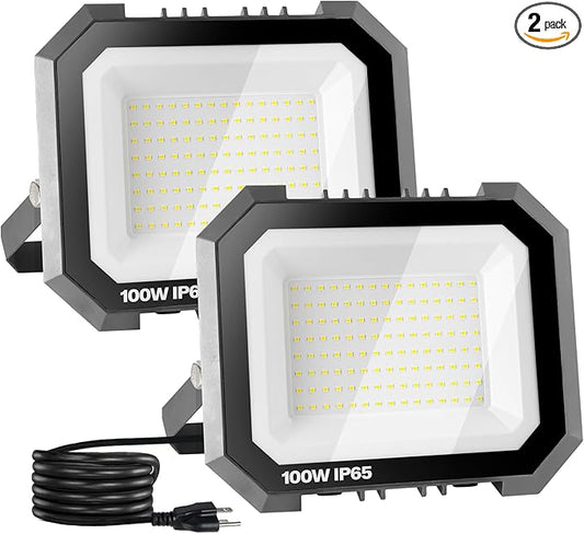 Leddictive 2 Pack LED Flood Lights Outdoor, 100W 10000LM Super Bright Floodlight Outside Work Light with 5.9FT Plug, IP65 Waterproof 6000K Outdoor LED Flood Light for Garage, Yard, Lawn, Garden
