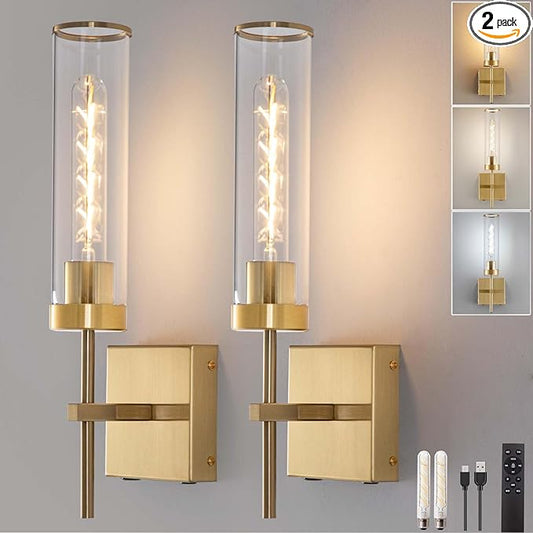 Wall Sconces,Gold Battery Operated Wall Sconce Dimmable Touch 3000K/6000K 2 Color Bulbs 8000mAh Fast Chargin Endurance 100 Hours with Remote Control Wireless Wall Lights for Bedroom Living Room