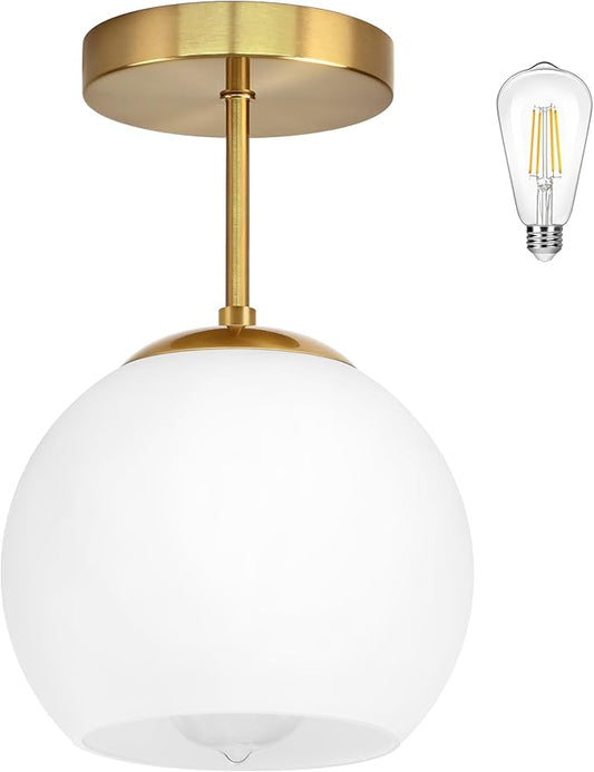 Bagood Gold Semi Flush Mount Ceiling Light Fixture Milk Glass Light Fixture Mid Century Flush Mount Ceiling Lights Brass Flush Mount Ceiling Schoolhouse Lights for Dining Room(Bulb Incl.)