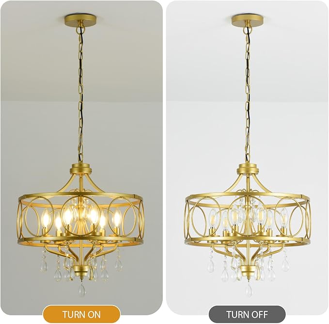 6-Light Modern Gold Crystal Chandelier Dining Room Pendant Lighting Fixture for Farmhouse Bedroom Living Room Kitchen Entryway E12 Bulbs Not Included