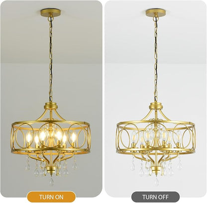 6-Light Modern Gold Crystal Chandelier Dining Room Pendant Lighting Fixture for Farmhouse Bedroom Living Room Kitchen Entryway E12 Bulbs Not Included