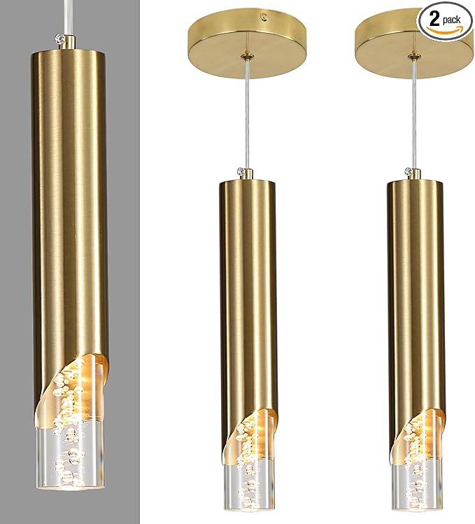 2 Pack Modern Gold Pendant Light Fixture, Acrylic Bubble Cylinder Hanging Lights, 3 Color Temperatures, Minimalist Ceiling Chandelier Lighting for Dining Room, Bedroom, Hallway, Bar, Kitchen Island