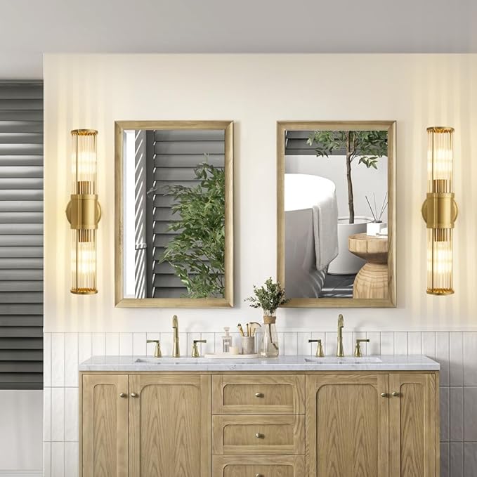 Gold Wall Sconce Bathroom Vanity Light Fixtures for Mirror, Modern Wall Light with Glass Rod Shade for Bathroom, Bedroom, Hallway, Living Room - Bulb Not Included