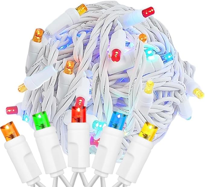 Novelty Lights 25ft Christmas String Lights, 50 Multicolor LED Bulbs on White Wire, 6" Spacing, Connectable Indoor Outdoor Commercial Grade Lighting for Holidays Patio Weddings