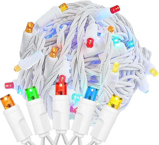 Novelty Lights 25ft Christmas String Lights, 50 Multicolor LED Bulbs on White Wire, 6" Spacing, Connectable Indoor Outdoor Commercial Grade Lighting for Holidays Patio Weddings
