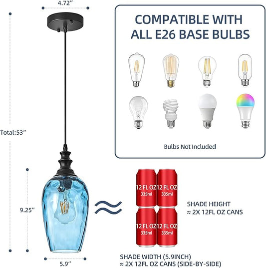 Pendant Lights Kitchen Island, Hanging Lighting Fixtures Dark Blue Water Ripple Glass Lamp Shade Black Pendant Light Fixtures for Kitchen Island Bedroom Living Dining Room Light Fixture