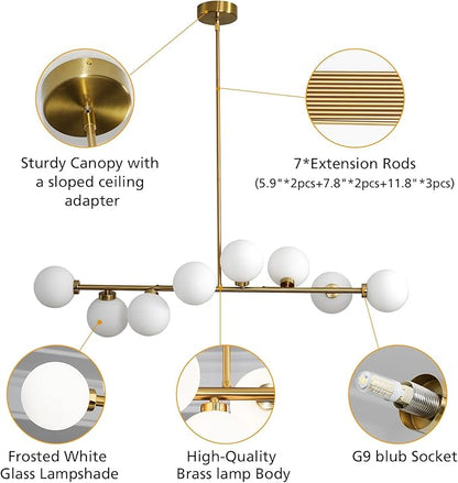 Brass Linear Chandelier, 8 Lights Modern Bubble Chandelier with White Glass Lampshade, Mid Century Globe Pendant Lights for Dining Room Kitchen Island - Gold