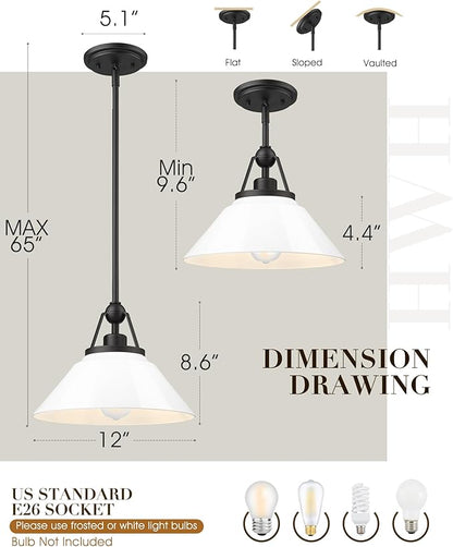 White Pendant Light Fixture, HWH Modern Kitchen Island Light Fixtures 12 Inch, 1-Light Hanging Lighting for Dinning Room Schoolhouse, Black Metal and White Opal Glass Shade, 5HYS89MIL-G BK