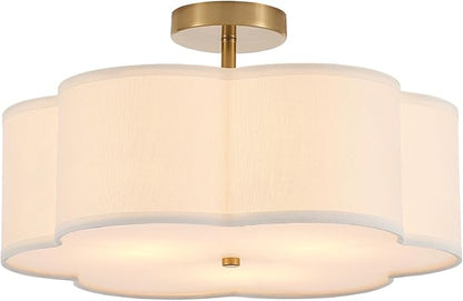 Modern Semi Flush Mount Ceiling Light Modern Gold 3-Lights Drum Ceiling Lighting Fixture Vintage Linen Golden Ceiling Lamp for Laundry Room, Kitchen, Basement, Dining Room, Bedroom