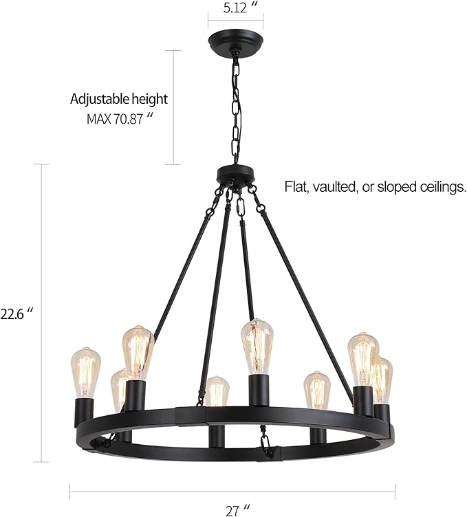 AMZASA Farmhouse 8-Lights Black Industrial Wagon Wheel Chandelier Light Fixture for Foyer Dining Room Kitchen Living Room Entryway Dia27 Inches UL Listed