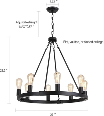 AMZASA Farmhouse 8-Lights Black Industrial Wagon Wheel Chandelier Light Fixture for Foyer Dining Room Kitchen Living Room Entryway Dia27 Inches UL Listed