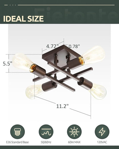 Industrial 4-Light Semi Flush Mount Ceiling Light Fixture, Farmhouse Oil Rubbed Bronze Chandelier Lighting, Modern E26 Base Sputnik Ceiling Lamp for Kitchen Living Room Hallway Entryway