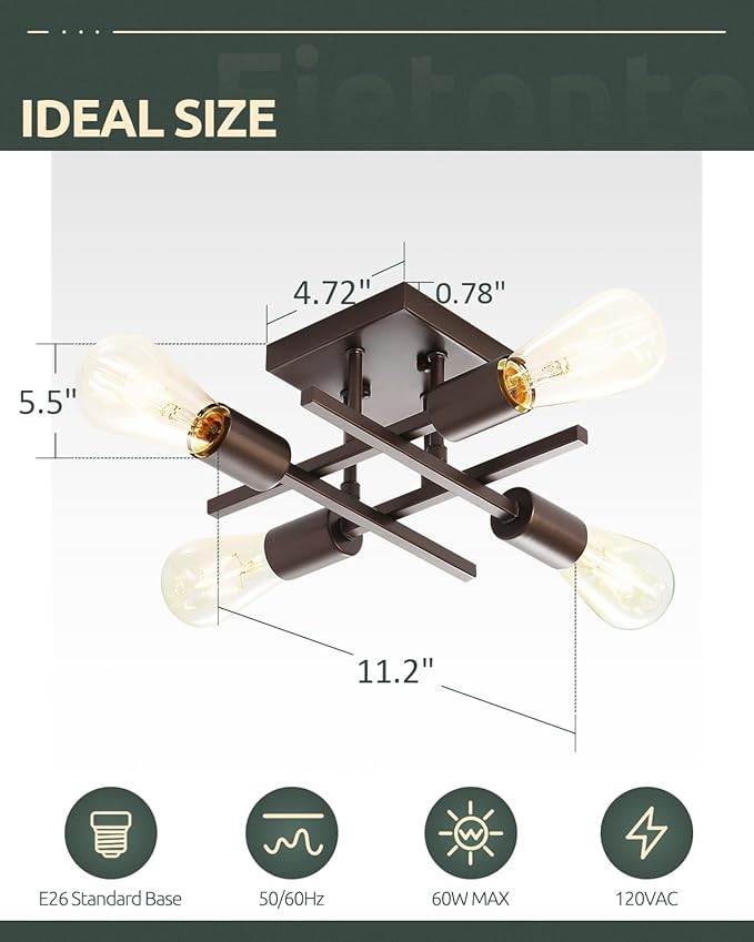 Industrial 4-Light Semi Flush Mount Ceiling Light Fixtures, Farmhouse Oil-Rubbed Bronze Chandelier Lighting, Modern E26 Base Sputnik Ceiling Lamps for Living Room Hallway, 2 Pack