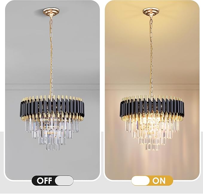 FRIXCHUR 20" Modern Crystal Chandelier 4 Tiers Black and Gold Chandelier Pendant Light 53" Long Chandeliers for Entryway Dining Room Living Room Hallway Foyer E12*7 (Exclud Bulbs)