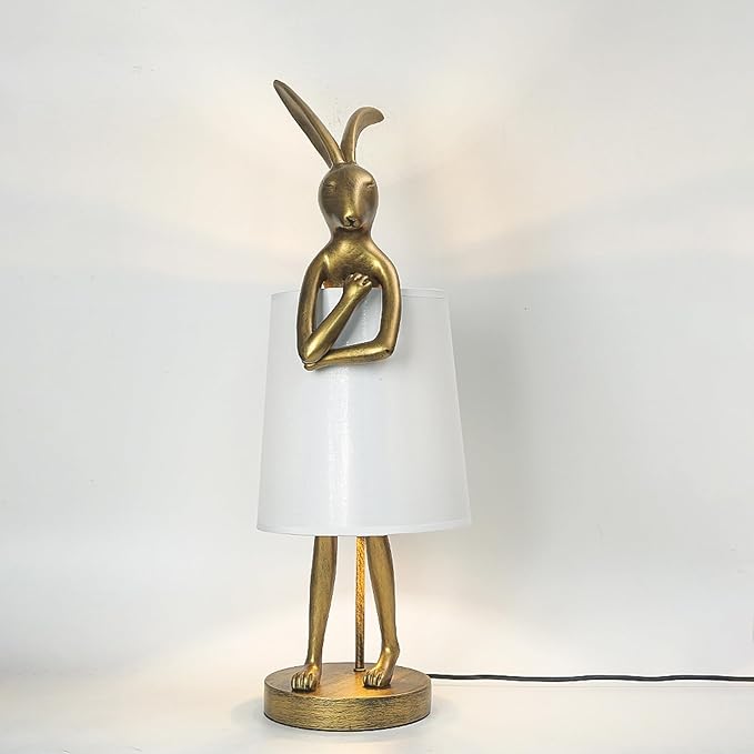 Bunny Table Lamp, Resin Animal Rabbit Lamp, LED Bunny Decor Lamp with Fabric Shade, H20in,Vintage-Style Component,Suitable for Office Bedside (White H20)