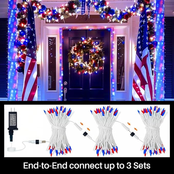 LAMPHOME 100 LED Red White and Blue Lights, 4th of July Decorations String Lights Plug in Indoor Outdoor, 16 Modes Waterproof Patriotic Light for Independence Day Holiday Memorial Day Party Decor