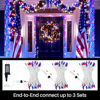 LAMPHOME 100 LED Red White and Blue Lights, 4th of July Decorations String Lights Plug in Indoor Outdoor, 16 Modes Waterproof Patriotic Light for Independence Day Holiday Memorial Day Party Decor