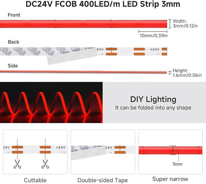 BTF-LIGHTING FCOB COB 3mm Width UL Listed Super Narrow Flexible Uniform LED Strip Light Red Color 16.4FT DC24V CRI 90+ Dimmable LED Ribbon for Kitchen Home Indoor Decor(No Adapter or Controller)