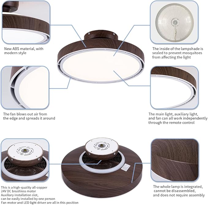 Bladeless Ceiling Fans with Lights and Remote, Flush Mount Modern Ceiling Fan with Light, 6 Speeds, Stepless dimming & 3000-6000K CCT LED Lights for Bedroom, Living Room (Dark Walnut)