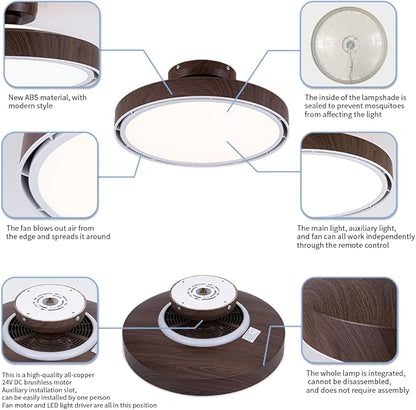 Bladeless Ceiling Fans with Lights and Remote, Flush Mount Modern Ceiling Fan with Light, 6 Speeds, Stepless dimming & 3000-6000K CCT LED Lights for Bedroom, Living Room (Dark Walnut)
