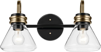Kichler Farum 19.25" 2-Light Bathroom Vanity Light Fixture with Clear Glass in Black, Modern Wall Mount Light for Vanity Mirror Over Sink (19.25" W x 9.5" H), 55154BKCLR