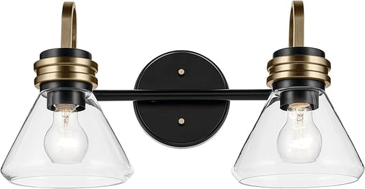 Kichler Farum 19.25" 2-Light Bathroom Vanity Light Fixture with Clear Glass in Black, Modern Wall Mount Light for Vanity Mirror Over Sink (19.25" W x 9.5" H), 55154BKCLR