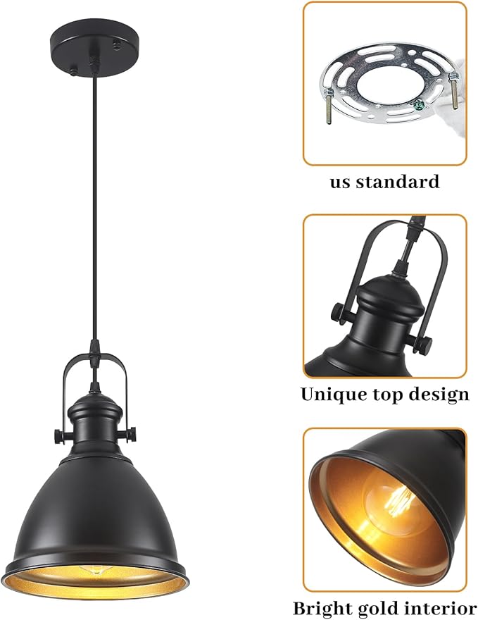 Farmhouse Pendant Lights Kitchen Island, 8.6 inches Matte Black Pendant Light Fixtures, Modern Kitchen Pendant Lighting, Industrial Light Fixture for Kitchen Island Dining Room, 1 Pack