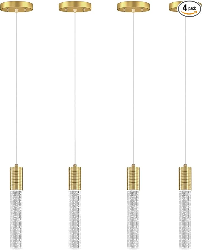 HAIXIANG 4 Pcaks Pendant Lights for Kitchen Island, White Light, Gold Crystal Linear Pendant Lighting, Bar Corner LED Light Fixture