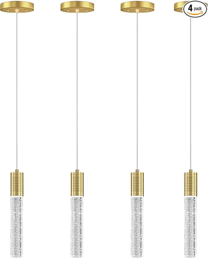 HAIXIANG 4 Pcaks Pendant Lights for Kitchen Island, White Light, Gold Crystal Linear Pendant Lighting, Bar Corner LED Light Fixture