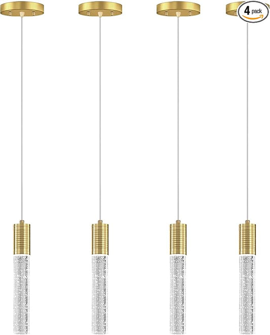 HAIXIANG 4 Pcaks Pendant Lights for Kitchen Island, White Light, Gold Crystal Linear Pendant Lighting, Bar Corner LED Light Fixture