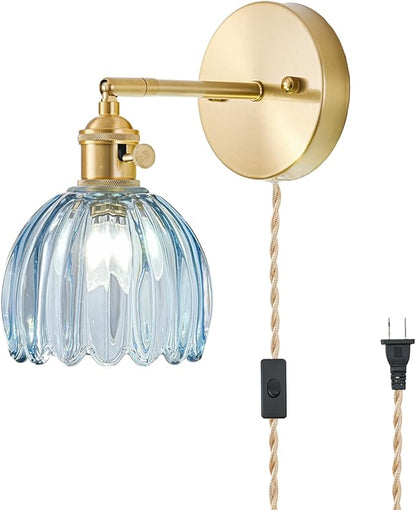 Plug in Wall Sconce, Vintage Sconce Light with Tulip Denim Blue Glass Lampshade, Bedside Wall Sconce with Switch and Plug in Wall Lamp Cord, Gold Wall Light for Bedroom