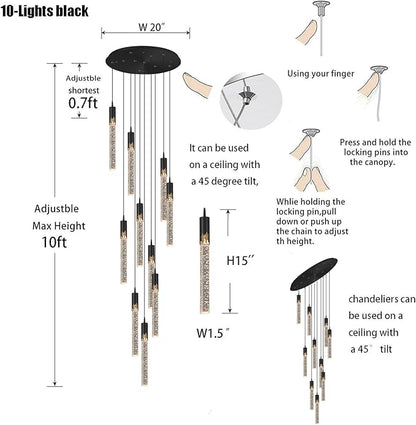 Flashing God Modern LED Chandelier, 10 Lights Black Dimmable Pendant Light with Remote High Ceiling Chandelier for Staircase Living Room Hallway Foyer