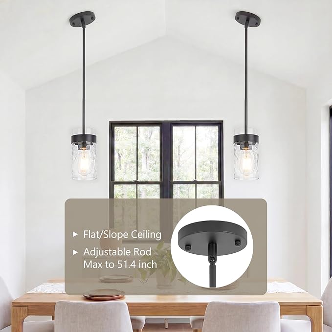 Water Ripple Glass Pendant Lights Kitchen Island Black Pendant Light Fixtures Adjustable Modern Mini Hanging Light for Sink Dining Room Foyer Entryway Bar, 2 Pack