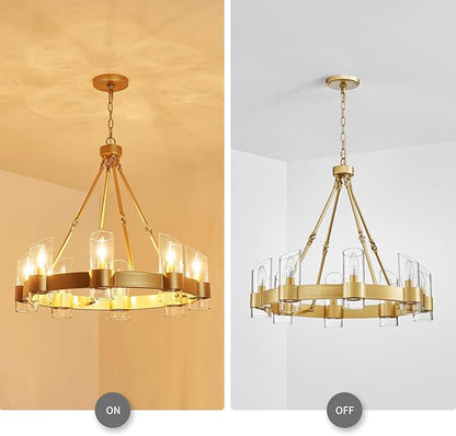 WUZUPS Wagon Wheel Chandelier 8-Light with Clear Glass Industrial Modern Farmhouse Round Light Fixture for Dining Room Kithen Island Foyer, Width 26" Height 22", Gold