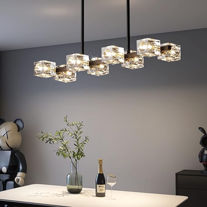 Modern Crystal Chandelier for Dining Room,Black and Gold Pendant Lights Fixture with 8-Lights,Adjustable Height Hanging Ceiling Light for Kitchen Island,Bedroom,Over Table,Living Room