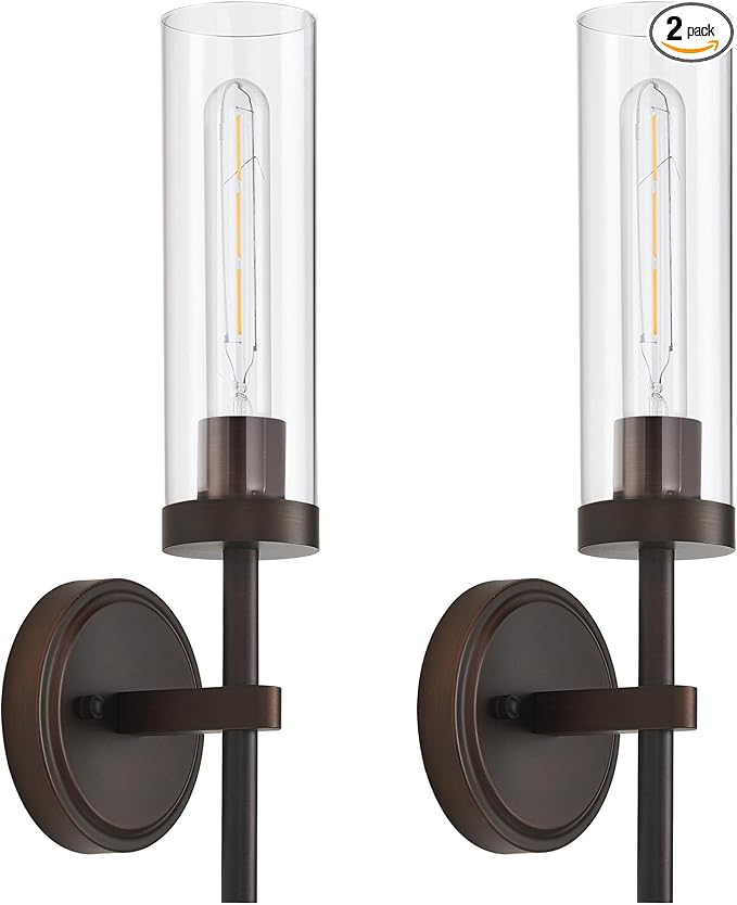SANTOSTOCK Oil Rubbed Bronze Wall Sconces Set of Two, Bathroom Wall Sconces Vanity Lights with Clear Glass Shade, Modern Farmhouse Wall Mount Lights for Mirror Bedroom Living Room Stairwell Hallway