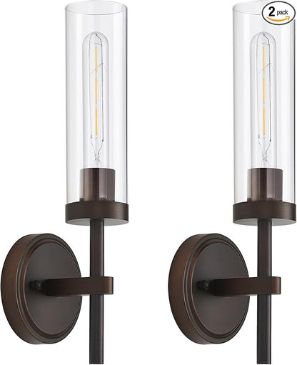 SANTOSTOCK Oil Rubbed Bronze Wall Sconces Set of Two, Bathroom Wall Sconces Vanity Lights with Clear Glass Shade, Modern Farmhouse Wall Mount Lights for Mirror Bedroom Living Room Stairwell Hallway