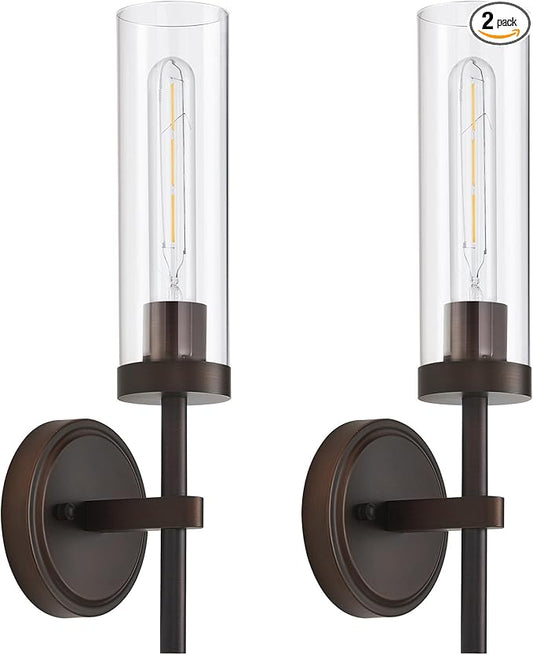 SANTOSTOCK Oil Rubbed Bronze Wall Sconces Set of Two, Bathroom Wall Sconces Vanity Lights with Clear Glass Shade, Modern Farmhouse Wall Mount Lights for Mirror Bedroom Living Room Stairwell Hallway