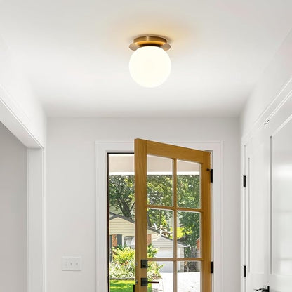 Modern Globe Brass Wall Sconce: 6" Gold Mid Century Modern Indoor Wall Mounted Lamp - Small Minimalist Frosted White Glass Bathroom Sconces - Ball Vanity Light for Bedroom Living Room Hallway Entryway